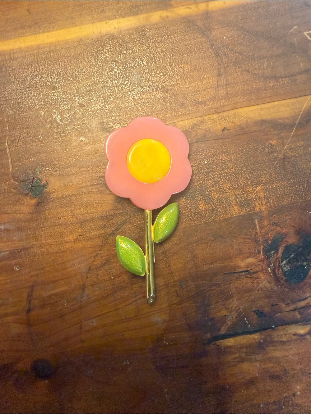 Givenchy Pink Enamel Flower Brooch with Yellow Center and Green Leaves